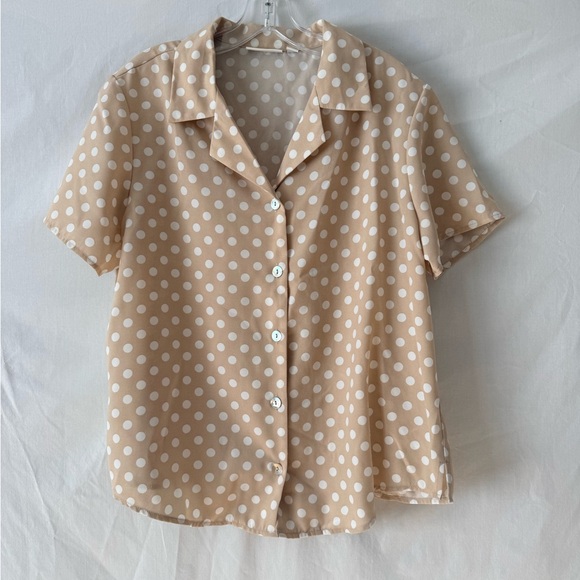 Susan Graver Tops - Susan Graver Beige Polka Dot Short Sleeve Button-Down